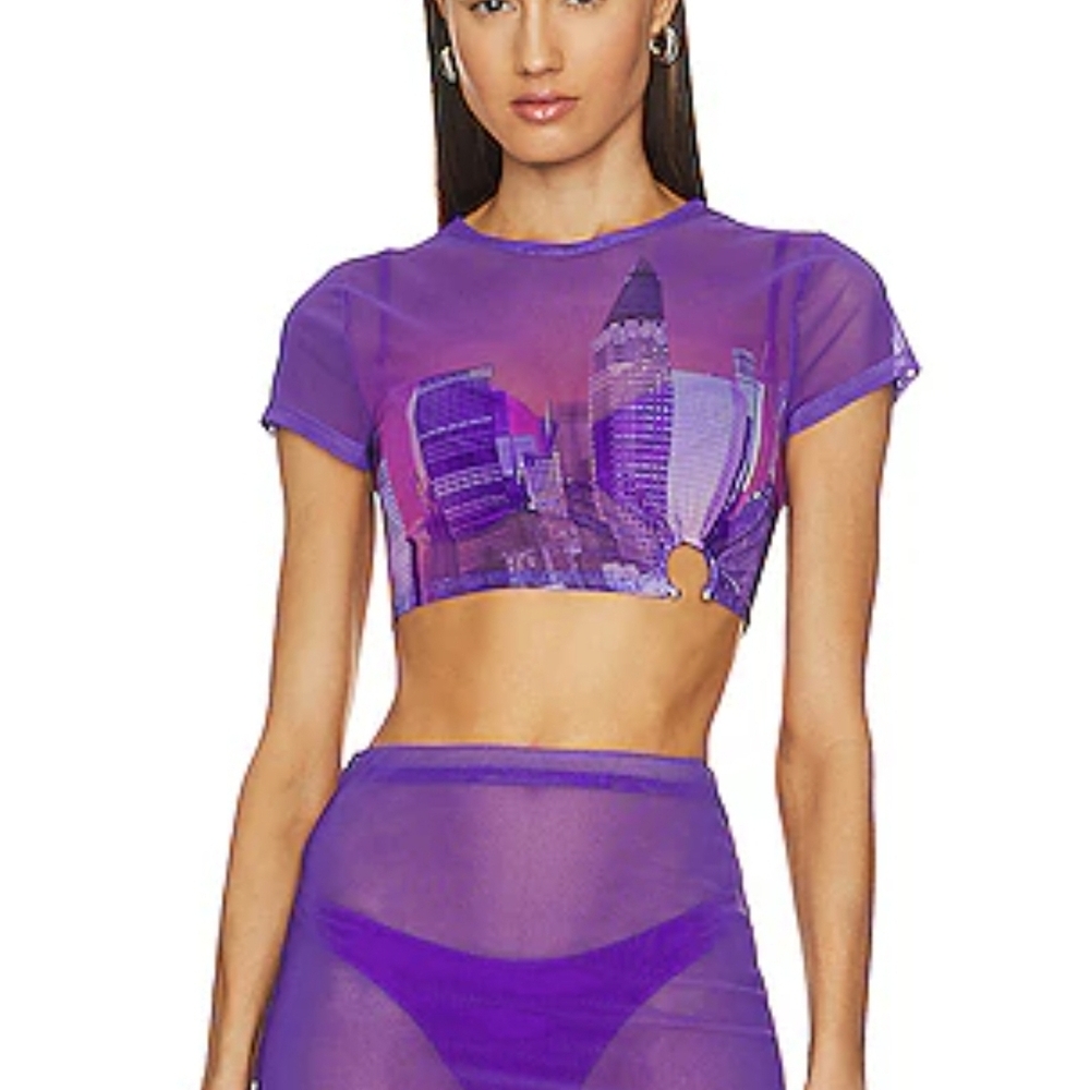 Lovewave Swim Cover Set  Purple Cityscape Mesh Two-Piece Set Size Small - Picture 3 of 10